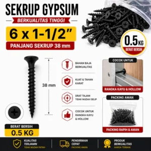 Sekrup Gypsum 6 x 1-1/2 Inch 0.5kg | Drywall Screw Hitam Anti Karat | Sekrup Plafon & Partisi Kuat