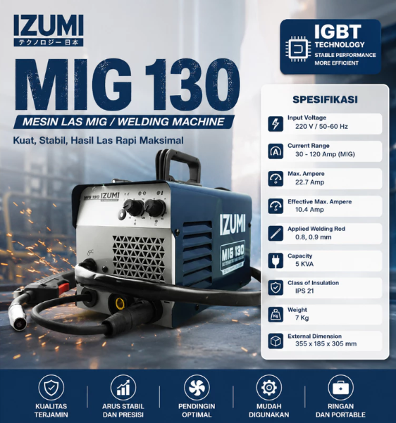 NLG IZUMI MIG 130 Mesin Las MIG Inverter 120A IGBT 220V Portable + Aksesoris | ORIGINAL, BERKUALITAS, TAHAN LAMA