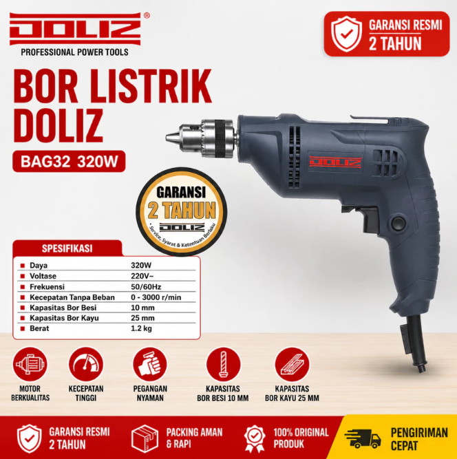 Mesin Bor Tangan Listrik Doliz BA632 320W | Electric Drill 10mm Bolak Balik Forward Reverse | Bor Kabel Rumah Tangga & Teknik