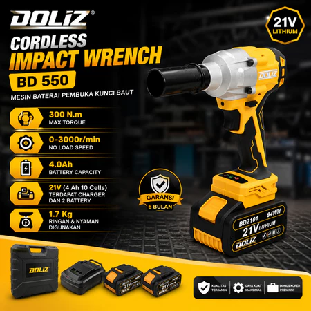 DOLIZ Cordless Impact Wrench BD550 21V Mesin Buka Baut Battery Kunci Roda Mobil + 2 Baterai
