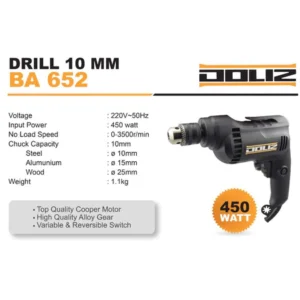 Mesin Bor Listrik DOLIZ BA652 / Bor Tangan Besi Kayu 10 mm 450 Watt Original