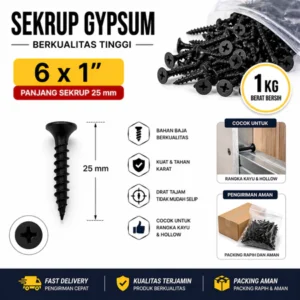 Sekrup Gypsum 6x1"1kg | Drywall Screw Hitam Anti Karat | Sekrup Plafon & Partisi Kuat | UNTUK RANGKA KAYU & HOLLOW