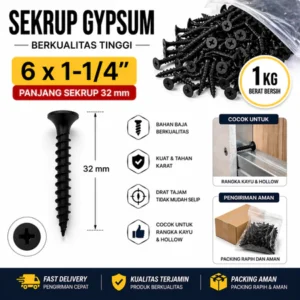 Sekrup Gypsum, * 6 x 1-1/4" 1kg | Drywall Screw Hitam Anti Karat | Sekrup Plafon & Partisi Kuat | UNTUK RANGKA KAYU & HOLLOW